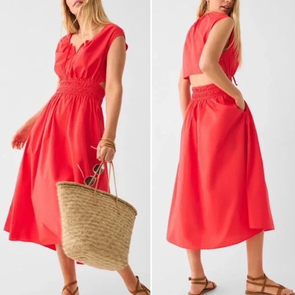 Deep Coral Smocked-Waist Peekaboo Back Midi Dress - 100% Organic Cotton